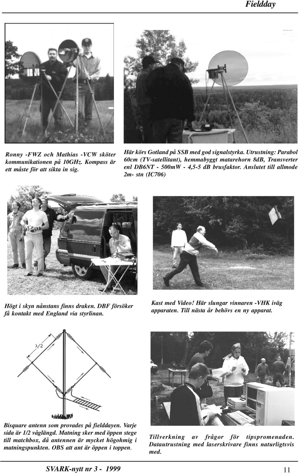 DBF försöker få kontakt med England via styrlinan. Kast med Video! Här slungar vinnaren -VHK iväg apparaten. Till nästa år behövs en ny apparat. Bisquare antenn som provades på fielddayen.