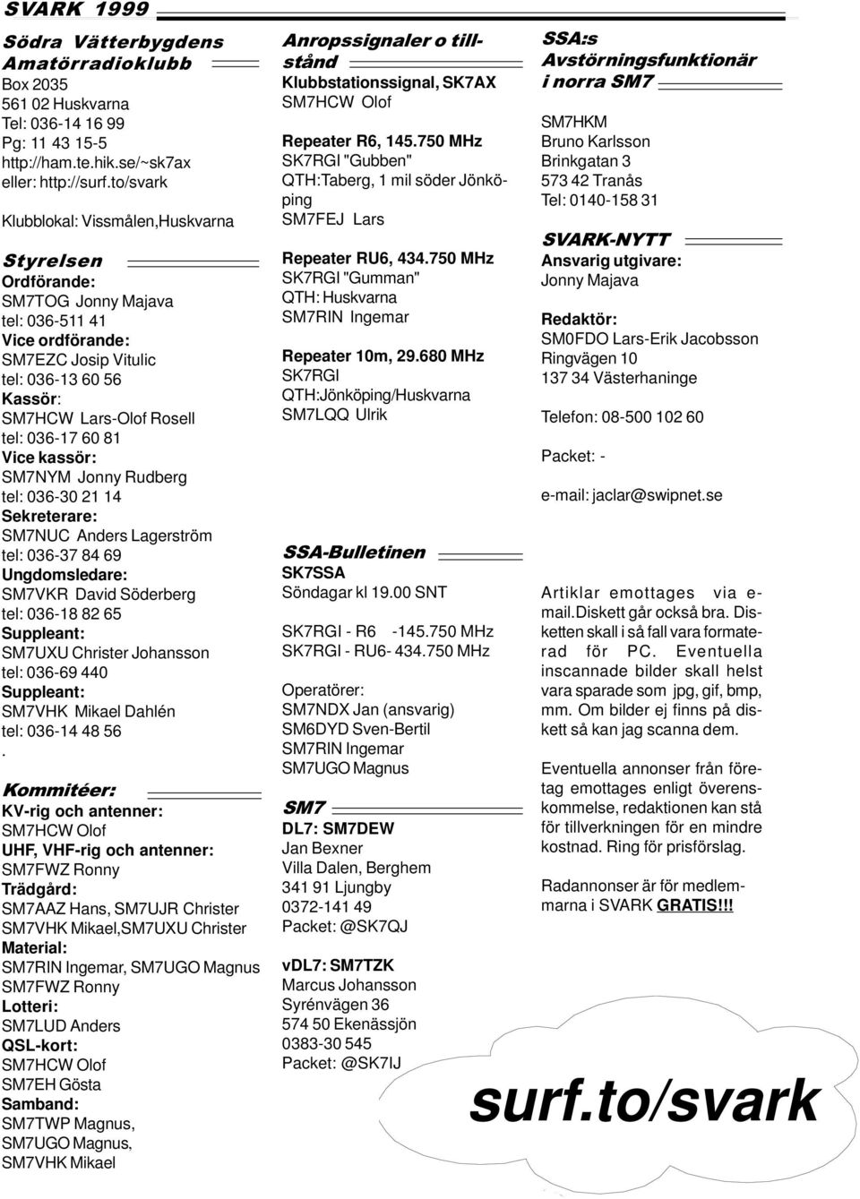 60 81 Vice kassör: SM7NYM Jonny Rudberg tel: 036-30 21 14 Sekreterare: SM7NUC Anders Lagerström tel: 036-37 84 69 Ungdomsledare: SM7VKR David Söderberg tel: 036-18 82 65 Suppleant: SM7UXU Christer