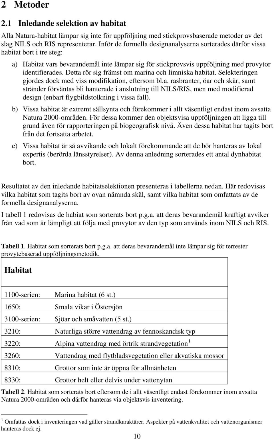 Detta rör sig främst om marina och limniska habitat. Selekteringen gjordes dock med viss modifikation, eftersom bl.a. rasbranter, öar och skär, samt stränder förväntas bli hanterade i anslutning till NILS/RIS, men med modifierad design (enbart flygbildstolkning i vissa fall).