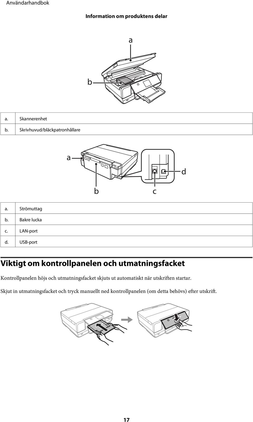 USB-port Viktigt om kontrollpanelen och utmatningsfacket Kontrollpanelen höjs och