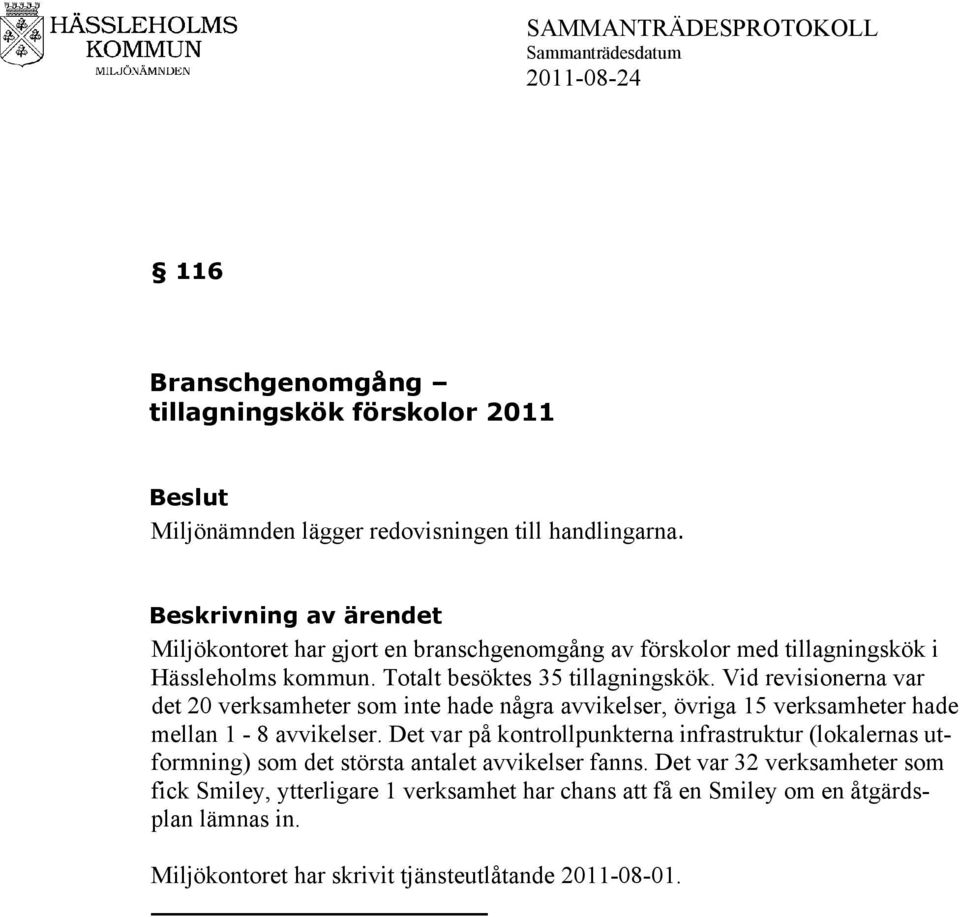 Vid revisionerna var det 20 verksamheter som inte hade några avvikelser, övriga 15 verksamheter hade mellan 1-8 avvikelser.