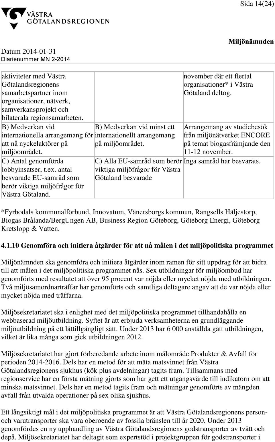 antal besvarade EU-samråd som berör viktiga miljöfrågor för Västra Götaland. B) Medverkan vid minst ett internationellt arrangemang på miljöområdet.