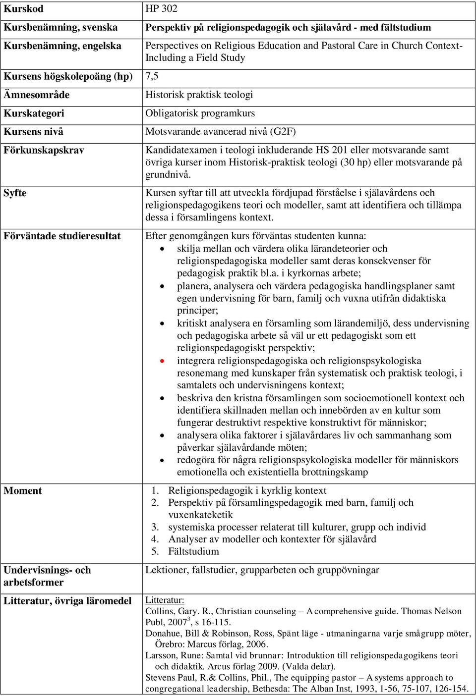 Including a Field Study Historisk praktisk teologi Obligatorisk programkurs Motsvarande avancerad nivå (G2F) Kandidatexamen i teologi inkluderande HS 201 eller motsvarande samt övriga kurser inom