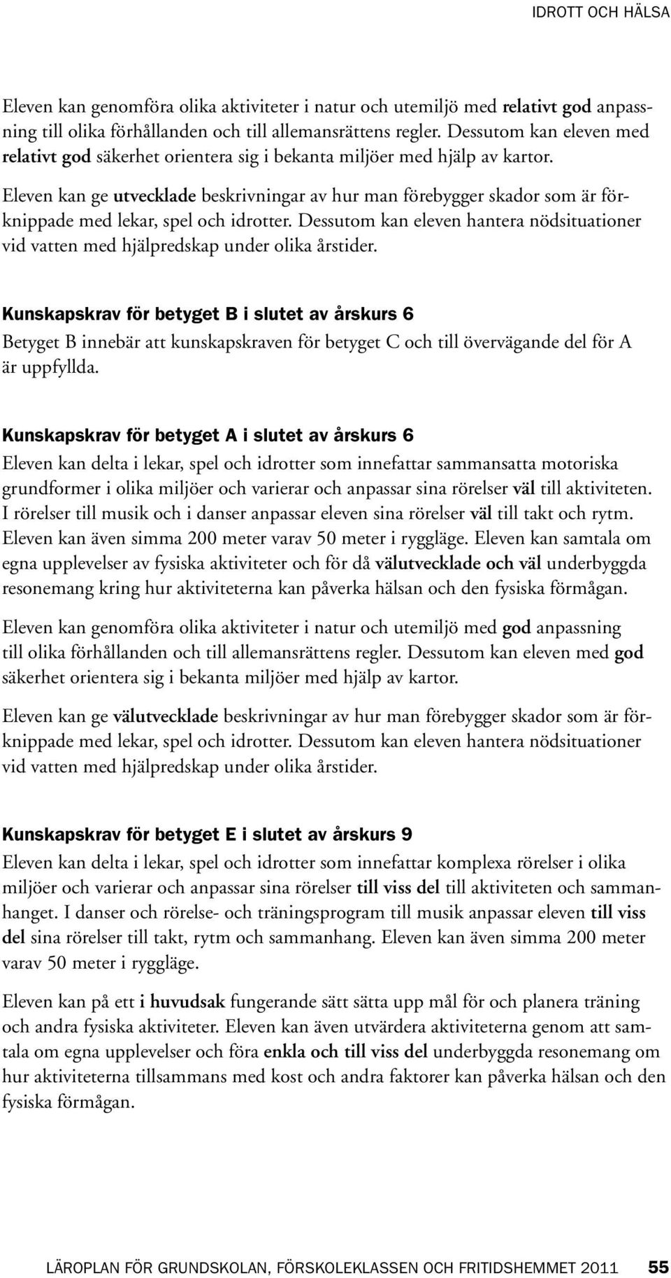 Eleven kan ge utvecklade beskrivningar av hur man förebygger skador som är förknippade med lekar, spel och idrotter.