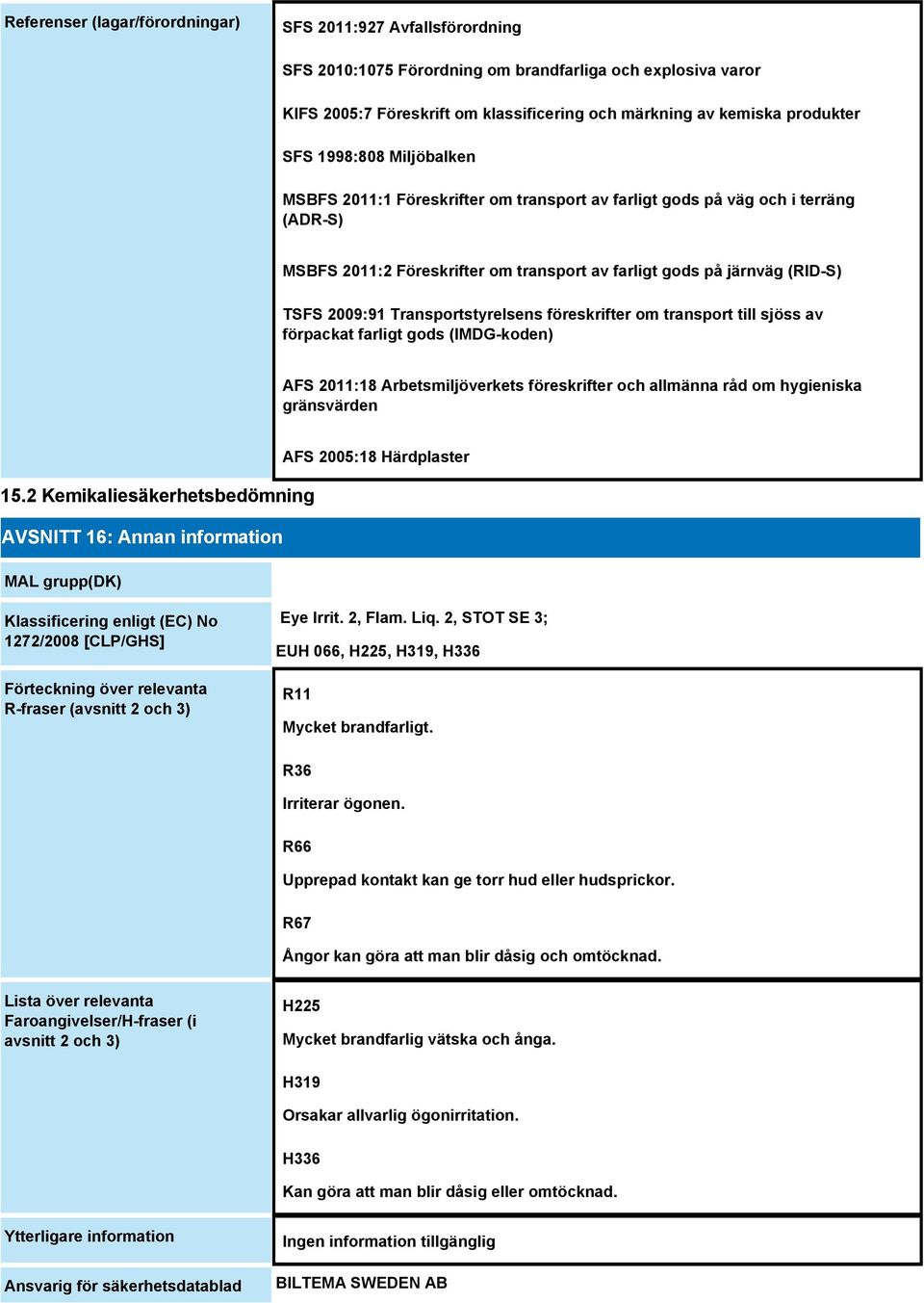 Transportstyrelsens föreskrifter om transport till sjöss av förpackat farligt gods (IMDG-koden) AFS 2011:18 Arbetsmiljöverkets föreskrifter och allmänna råd om hygieniska gränsvärden AFS 2005:18