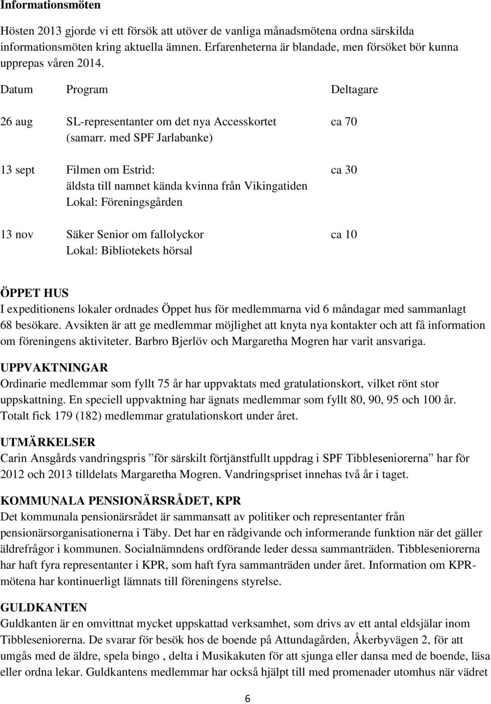 med SPF Jarlabanke) 13 sept Filmen om Estrid: ca 30 äldsta till namnet kända kvinna från Vikingatiden Lokal: Föreningsgården 13 nov Säker Senior om fallolyckor ca 10 Lokal: Bibliotekets hörsal ÖPPET