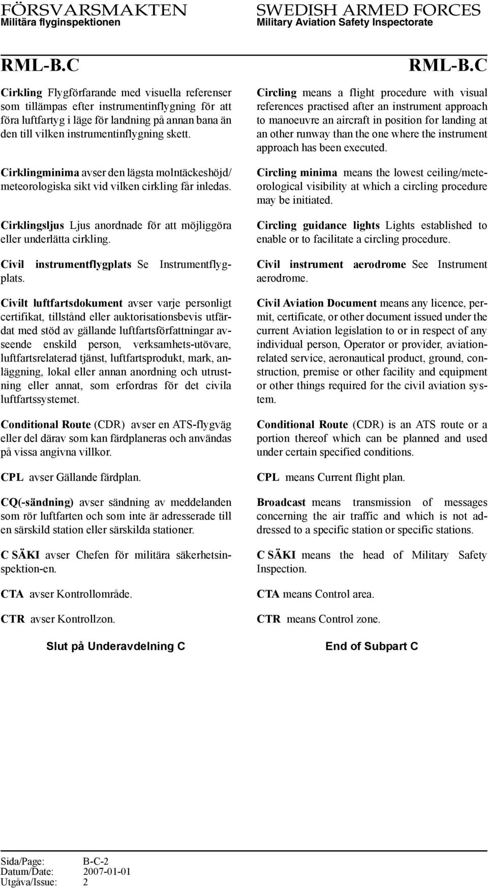 Cirklingminima avser den lägsta molntäckeshöjd/ meteorologiska sikt vid vilken cirkling får inledas. Cirklingsljus Ljus anordnade för att möjliggöra eller underlätta cirkling.