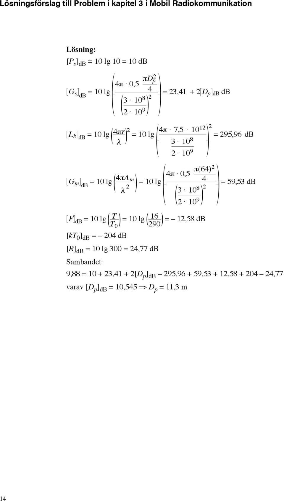 4,77 db ambandet: 10 lg F db 10 lg T T 0 10 lg 16 90 9,88 10 + 3,41 + [D p ] db 95,96 +