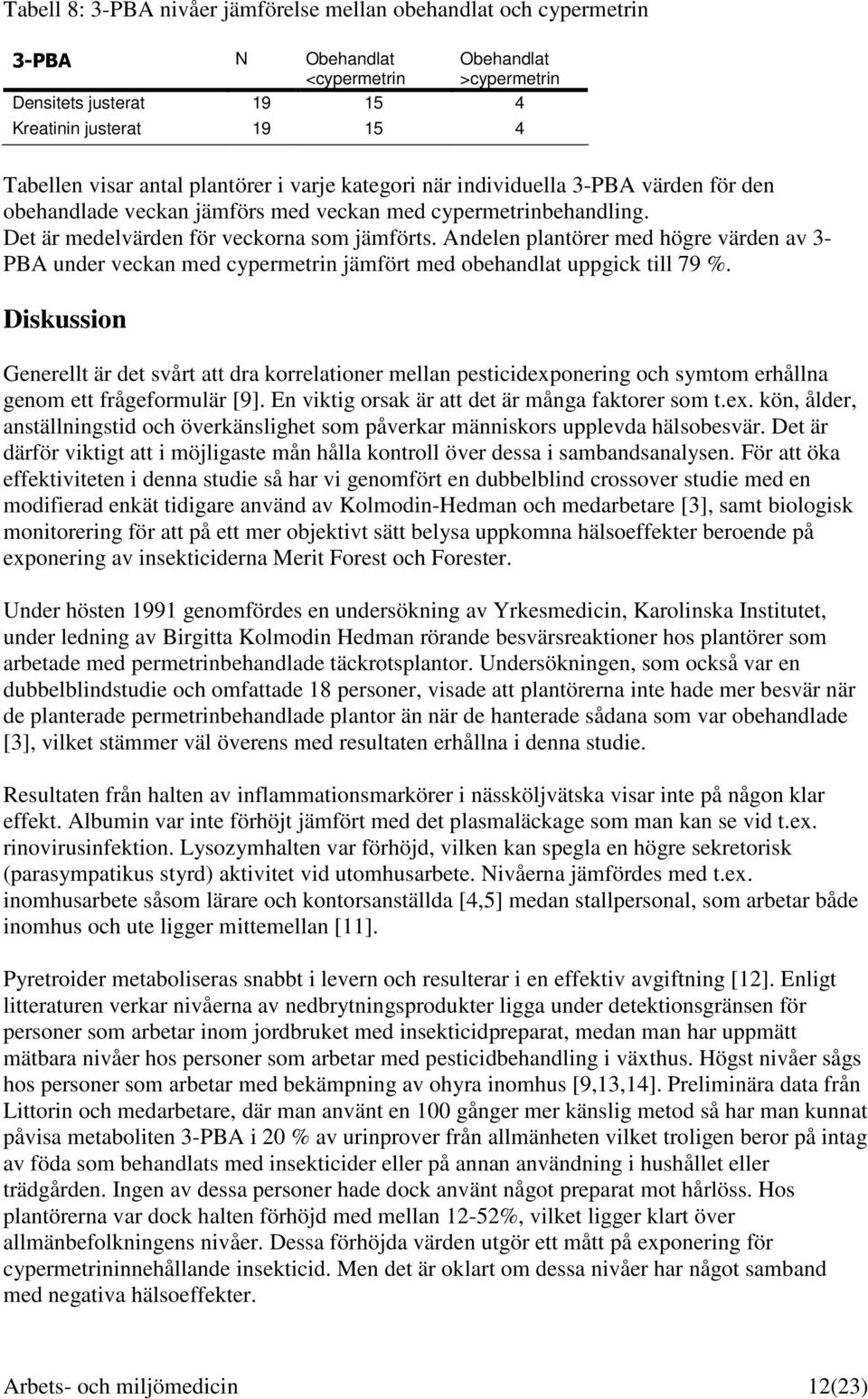 Andelen plantörer med högre värden av 3- PBA under veckan med cypermetrin jämfört med obehandlat uppgick till 79 %.