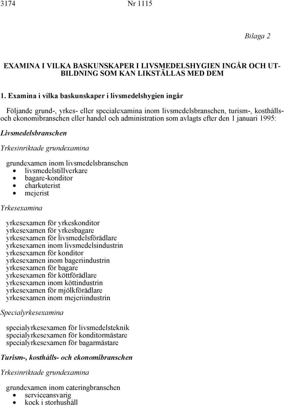 avlagts efter den 1 januari 1995: Livsmedelsbranschen Yrkesinriktade grundexamina grundexamen inom livsmedelsbranschen livsmedelstillverkare bagare-konditor charkuterist mejerist yrkesexamen för