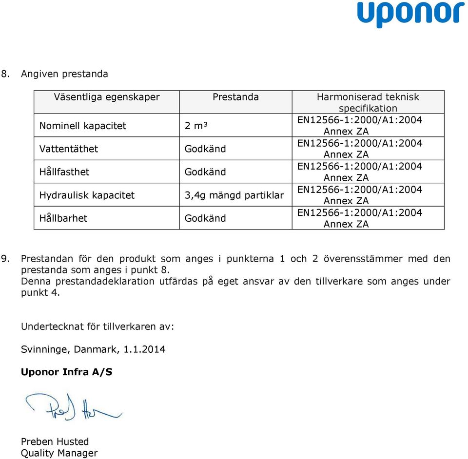 Prestandan för den produkt som anges i punkterna 1 och 2 överensstämmer med den prestanda som anges i punkt 8.