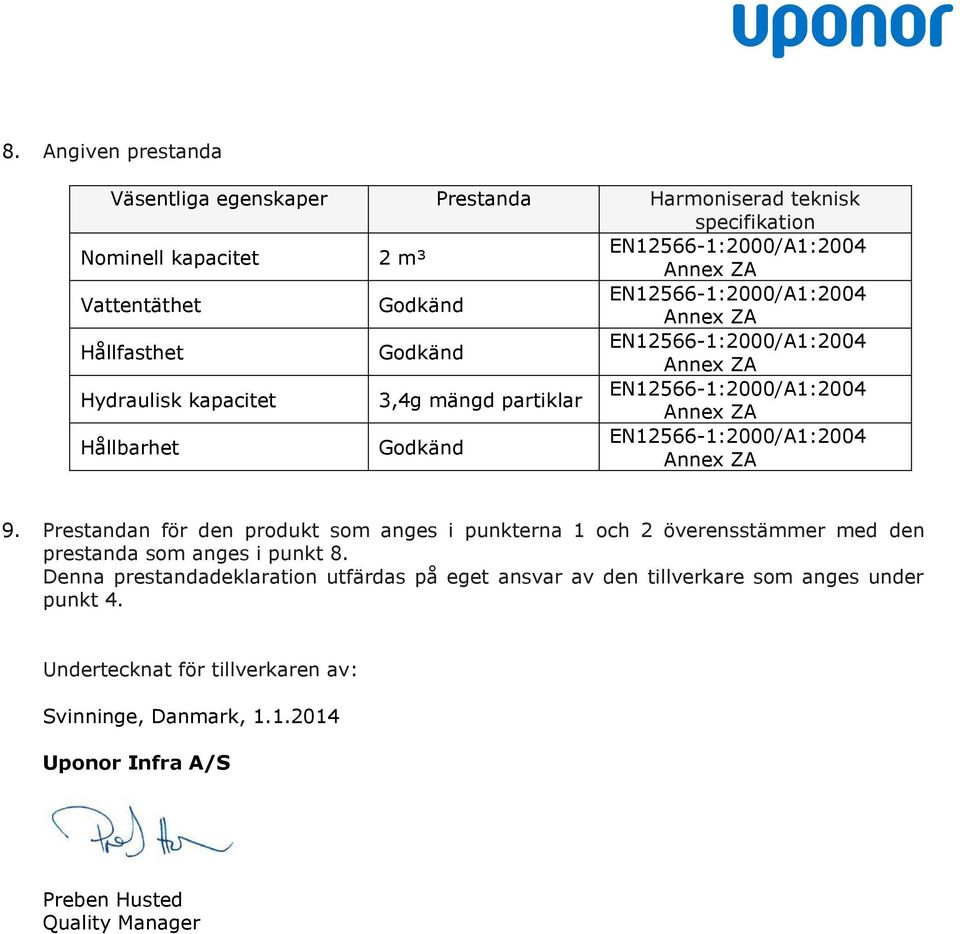 Prestandan för den produkt som anges i punkterna 1 och 2 överensstämmer med den prestanda som anges i punkt 8.