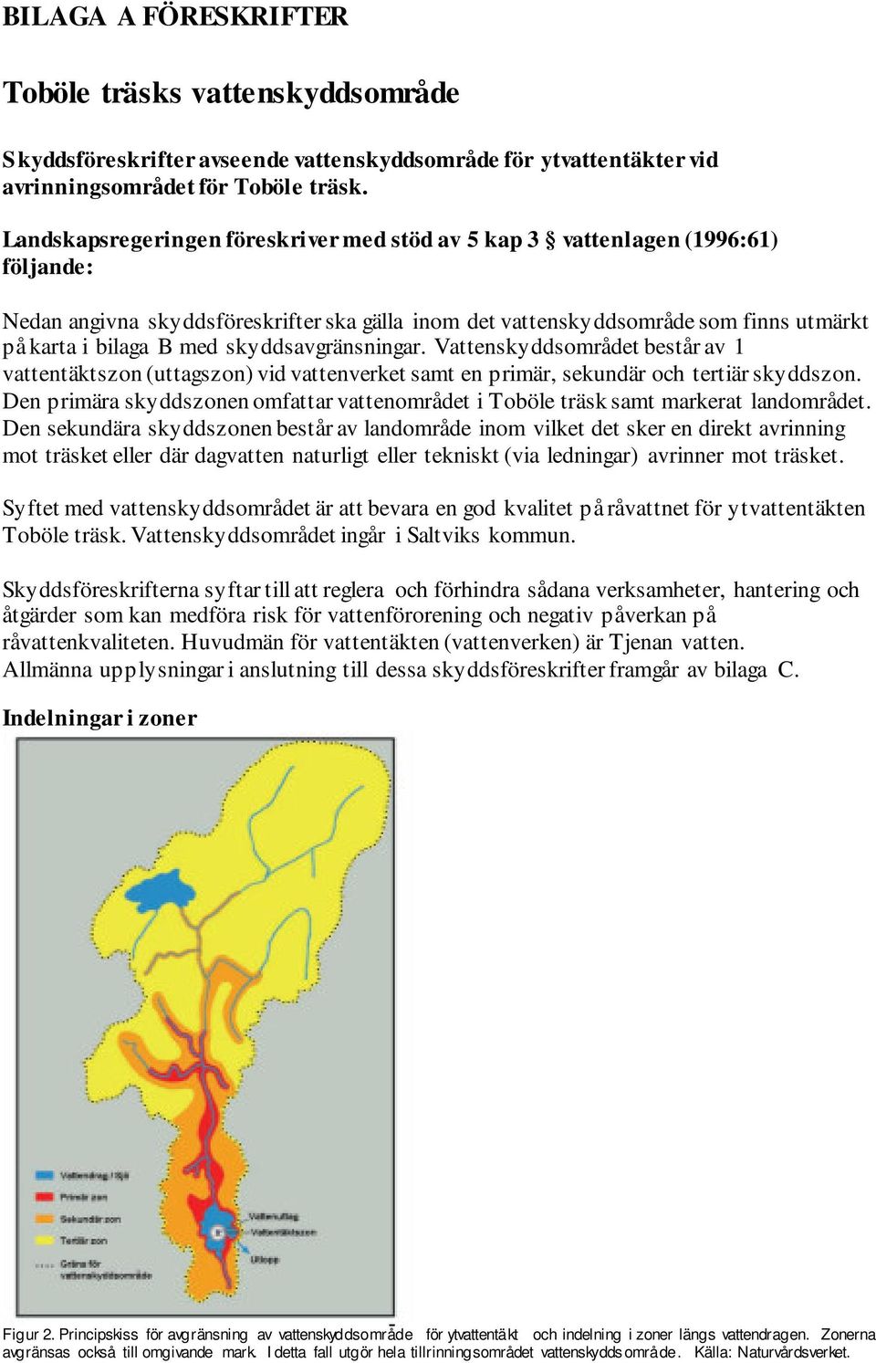 skyddsavgränsningar. Vattenskyddsområdet består av 1 vattentäktszon (uttagszon) vid vattenverket samt en primär, sekundär och tertiär skyddszon.