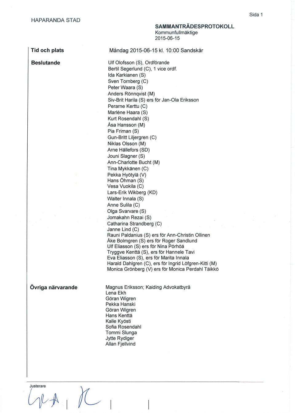 Friman (S) Gun-Britt Liljergren (C) Niklas Olsson (M) Arne Hällefors (SD) Jouni Slagner (S) Ann-Charlotte Bucht (M) Tina Mykkänen (C) Pekka Hyötylä (V) Hans Öhman (S) Vesa Vuokila (C) Lars-Erik