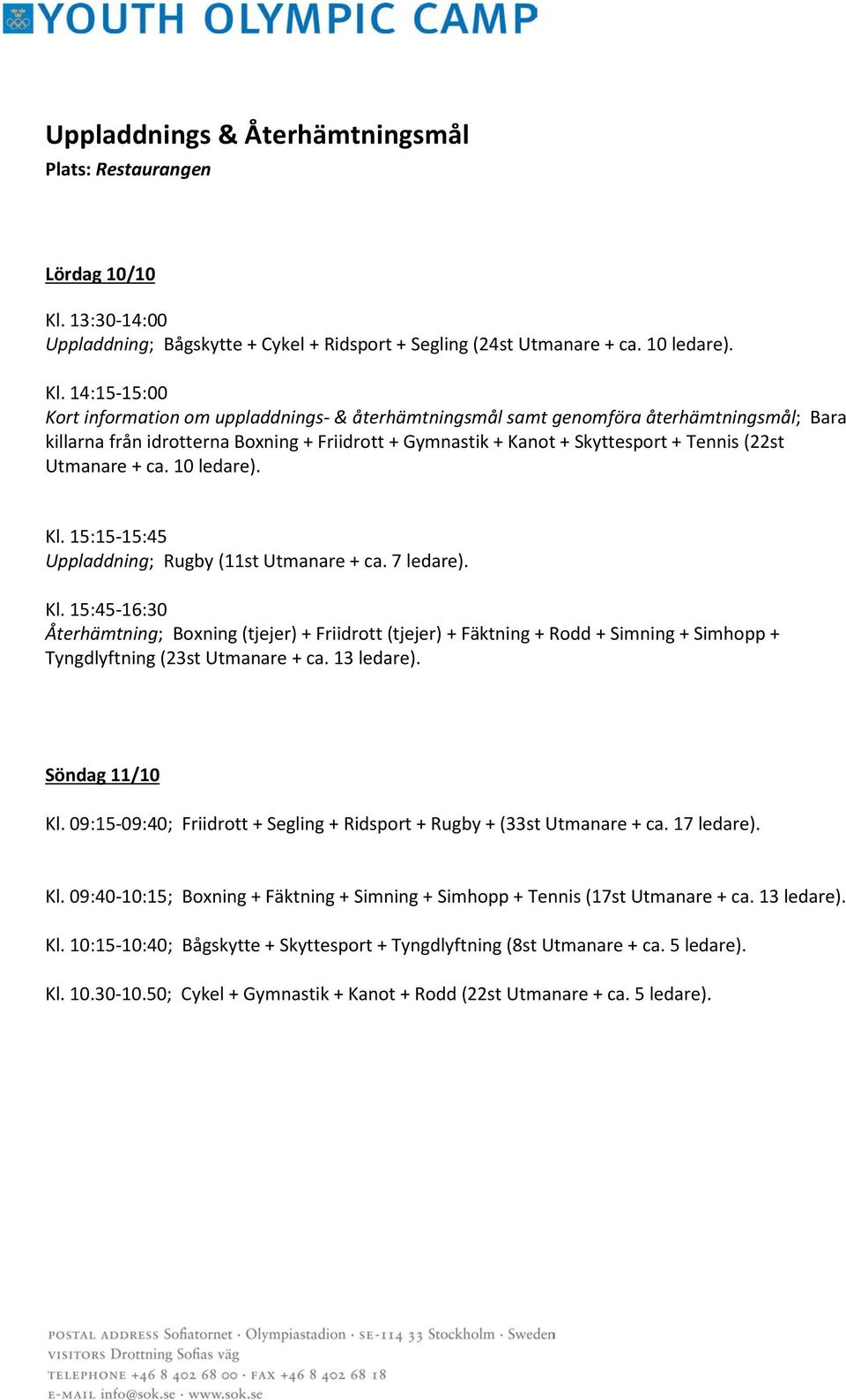 14:15-15:00 Kort information om uppladdnings- & återhämtningsmål samt genomföra återhämtningsmål; Bara killarna från idrotterna Boxning + Friidrott + Gymnastik + Kanot + Skyttesport + Tennis (22st