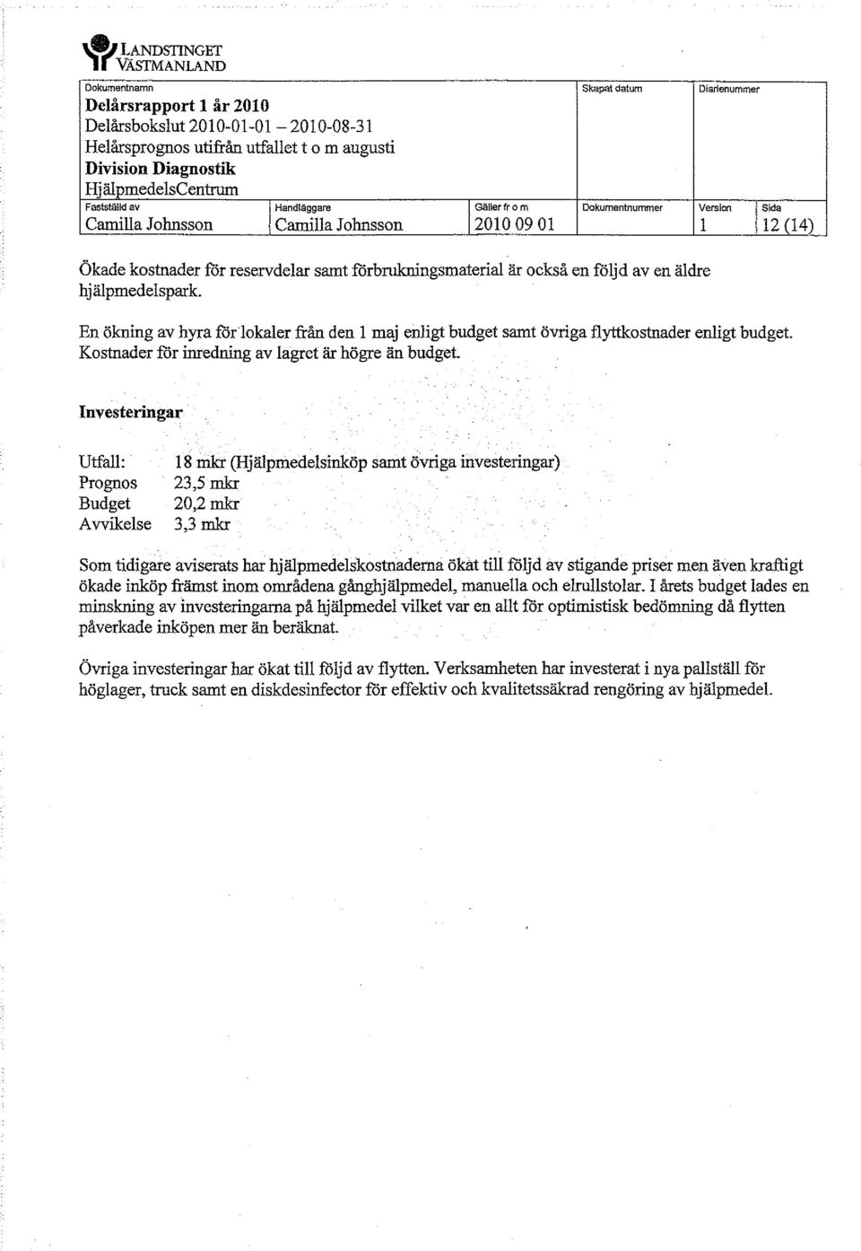 Kostnader för inredning av lagret är högre än budget.