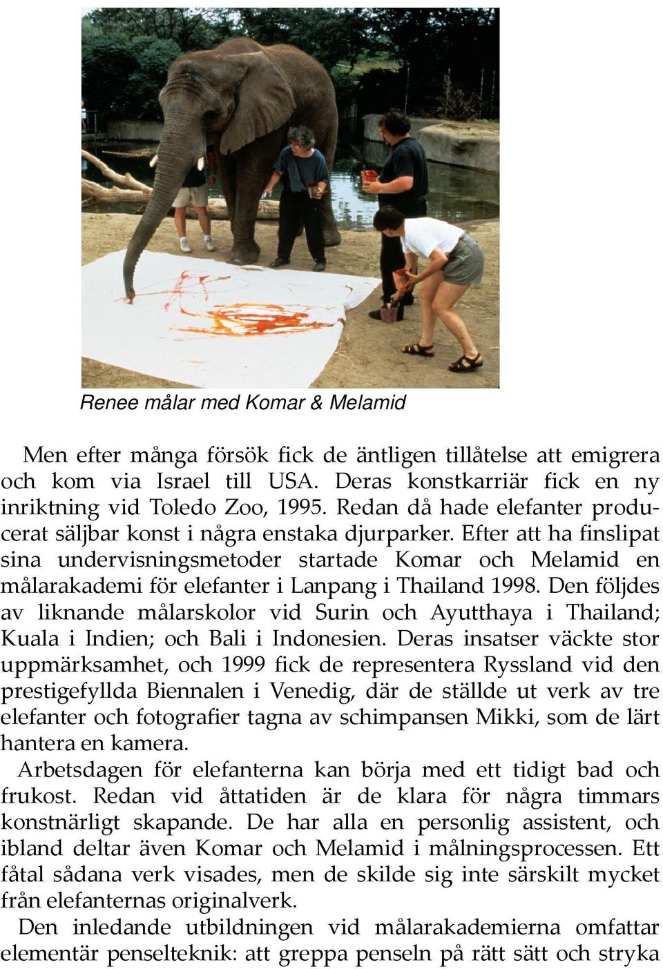 Efter att ha finslipat sina undervisningsmetoder startade Komar och Melamid en målarakademi för elefanter i Lanpang i Thailand 1998.