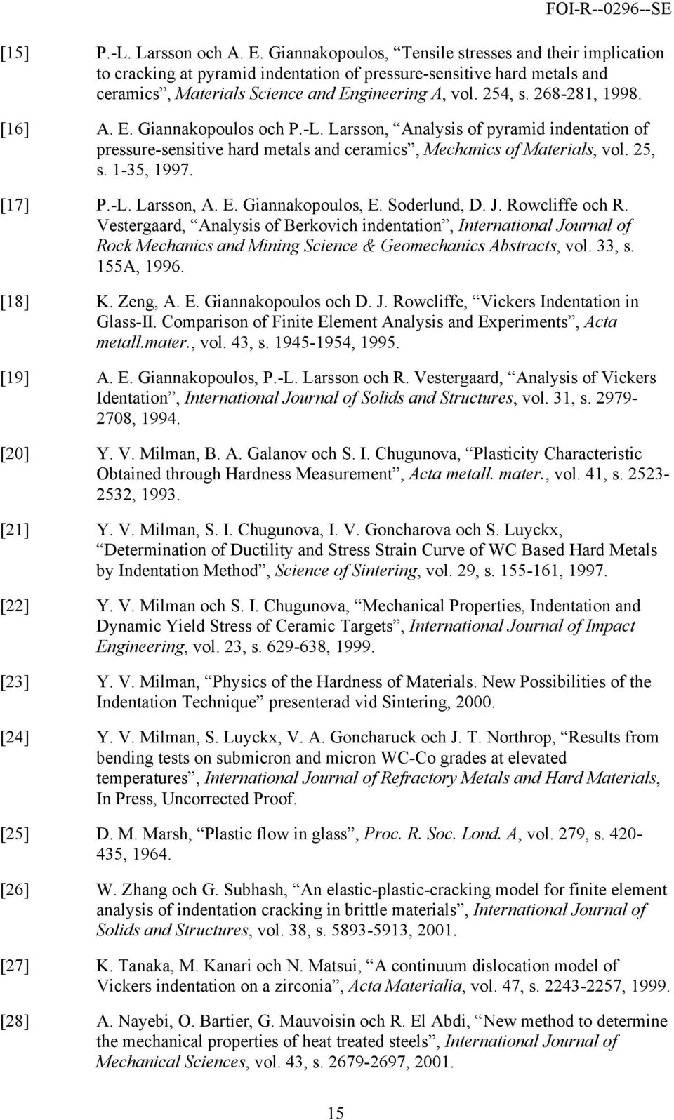 268-281, 1998. [16] A. E. Giannakopoulos och P.-L. Larsson, Analysis of pyramid indentation of pressure-sensitive hard metals and ceramics, Mechanics of Materials, vol. 25, s. 1-35, 1997. [17] P.-L. Larsson, A. E. Giannakopoulos, E.