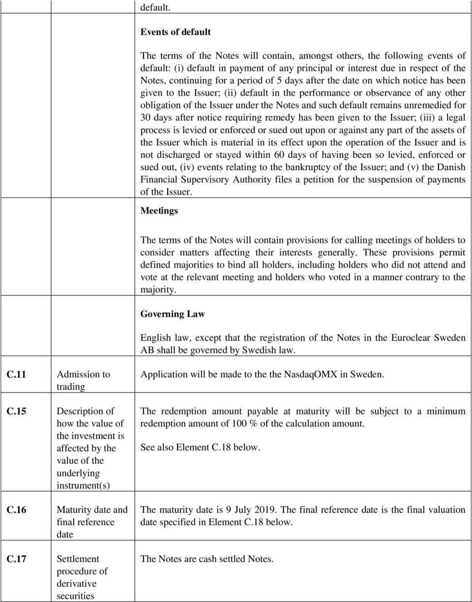 a period of 5 days after the date on which notice has been given to the Issuer; (ii) default in the performance or observance of any other obligation of the Issuer under the Notes and such default