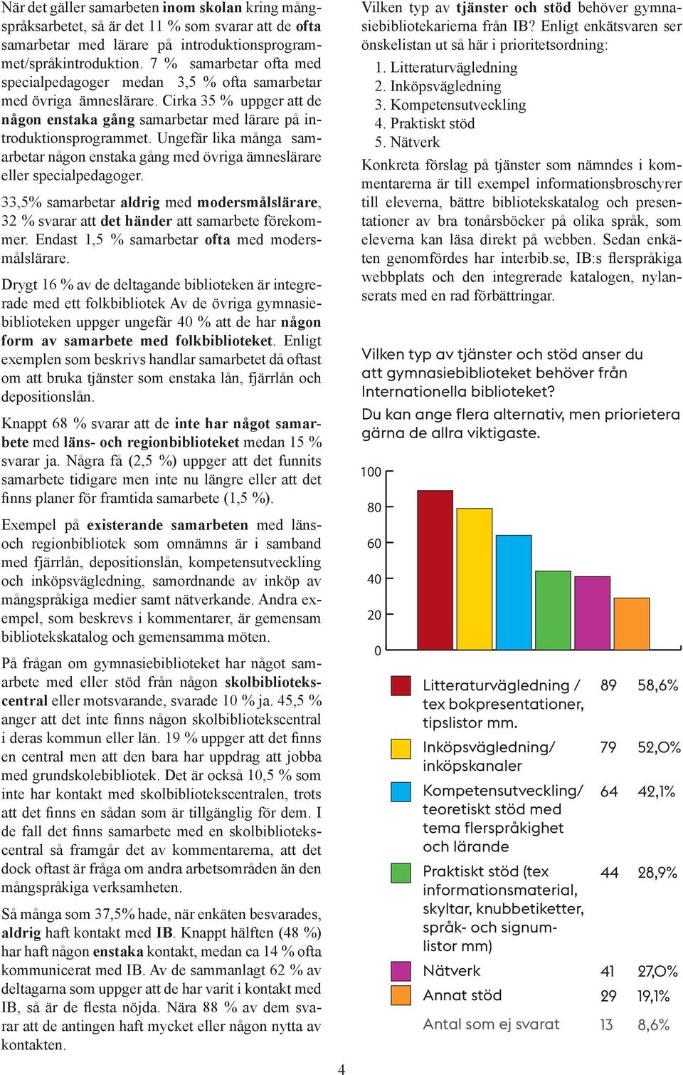 Ungefär lika många samarbetar någon enstaka gång med övriga ämneslärare eller specialpedagoger. 33,5% samarbetar aldrig med modersmålslärare, 32 % svarar att det händer att samarbete förekommer.