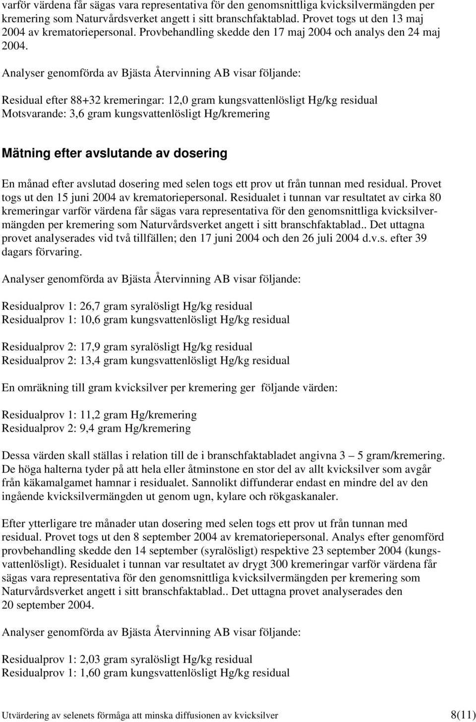 Analyser genomförda av Bjästa Återvinning AB visar följande: Residual efter 88+32 kremeringar: 12,0 gram kungsvattenlösligt Hg/kg residual Motsvarande: 3,6 gram kungsvattenlösligt Hg/kremering