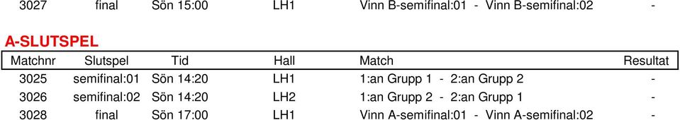 Grupp 2-3026 semifinal:02 Sön 14:20 LH2 1:an Grupp 2-2:an -