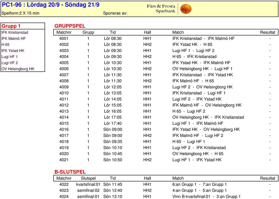 - OV Helsingborg HK 4006 1 Lör 10:30 HH2 OV Helsingborg HK - Lugi HF 1-4007 1 Lör 11:30 HH1 IFK Kristianstad - IFK Ystad HK - 4008 1 Lör 11:30 HH2 IFK Malmö HF - H 65-4009 1 Lör 12:05 HH1 Lugi HF 2 -