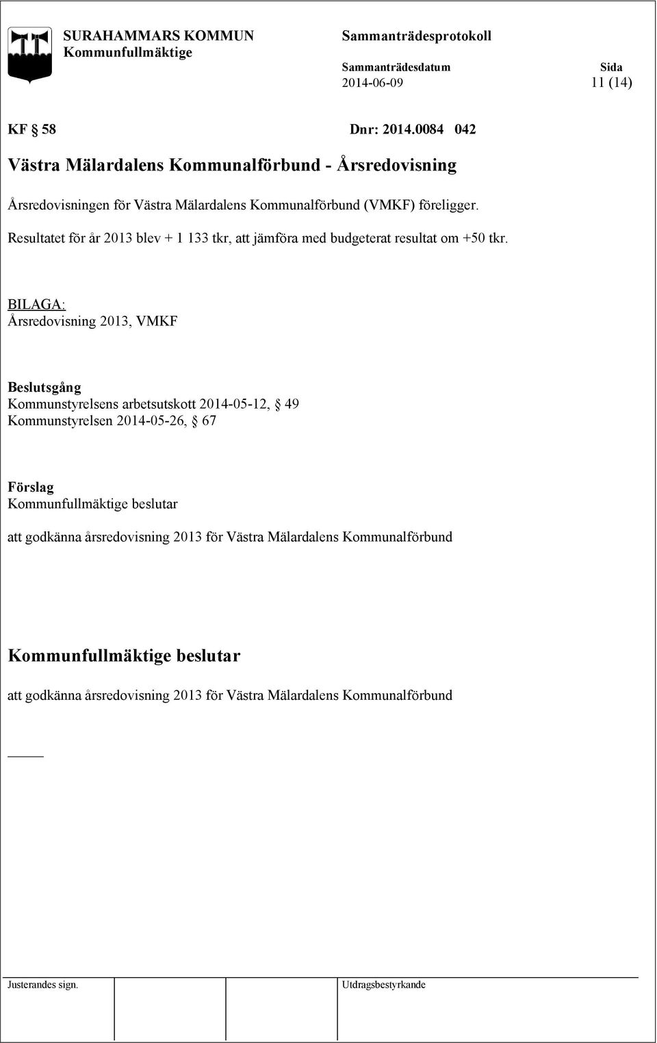 föreligger. Resultatet för år 2013 blev + 1 133 tkr, att jämföra med budgeterat resultat om +50 tkr.