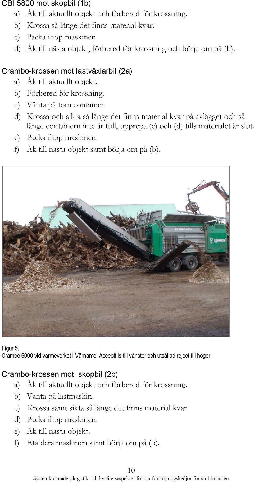 d) Krossa och sikta så länge det finns material kvar på avlägget och så länge containern inte är full, upprepa (c) och (d) tills materialet är slut. e) Packa ihop maskinen.