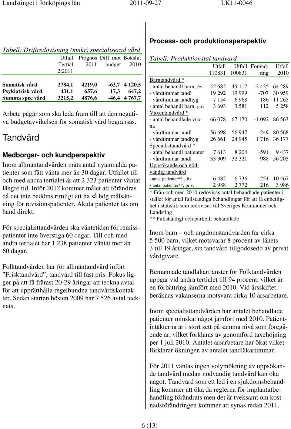 den negativa budgetavvikelsen för somatisk vård begränsas. Tandvård Medborgar- och kundperspektiv Inom allmäntandvården mäts antal nyanmälda patienter som fått vänta mer än 30 dagar.