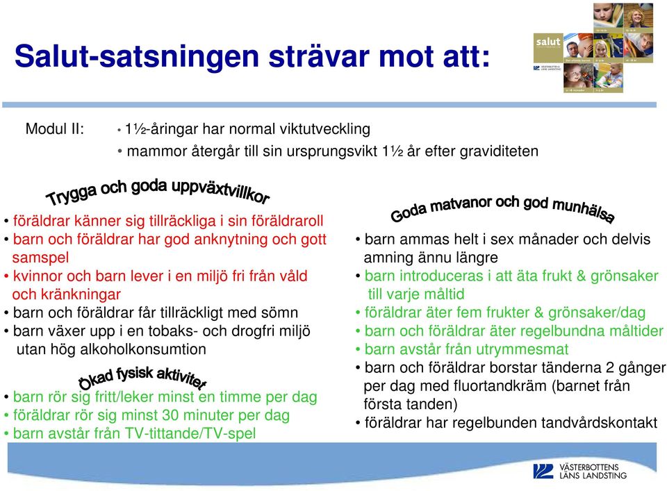 drogfri miljö utan hög alkoholkonsumtion barn rör sig fritt/leker minst en timme per dag föräldrar rör sig minst 30 minuter per dag barn avstår från TV-tittande/TV-spel barn ammas helt i sex månader