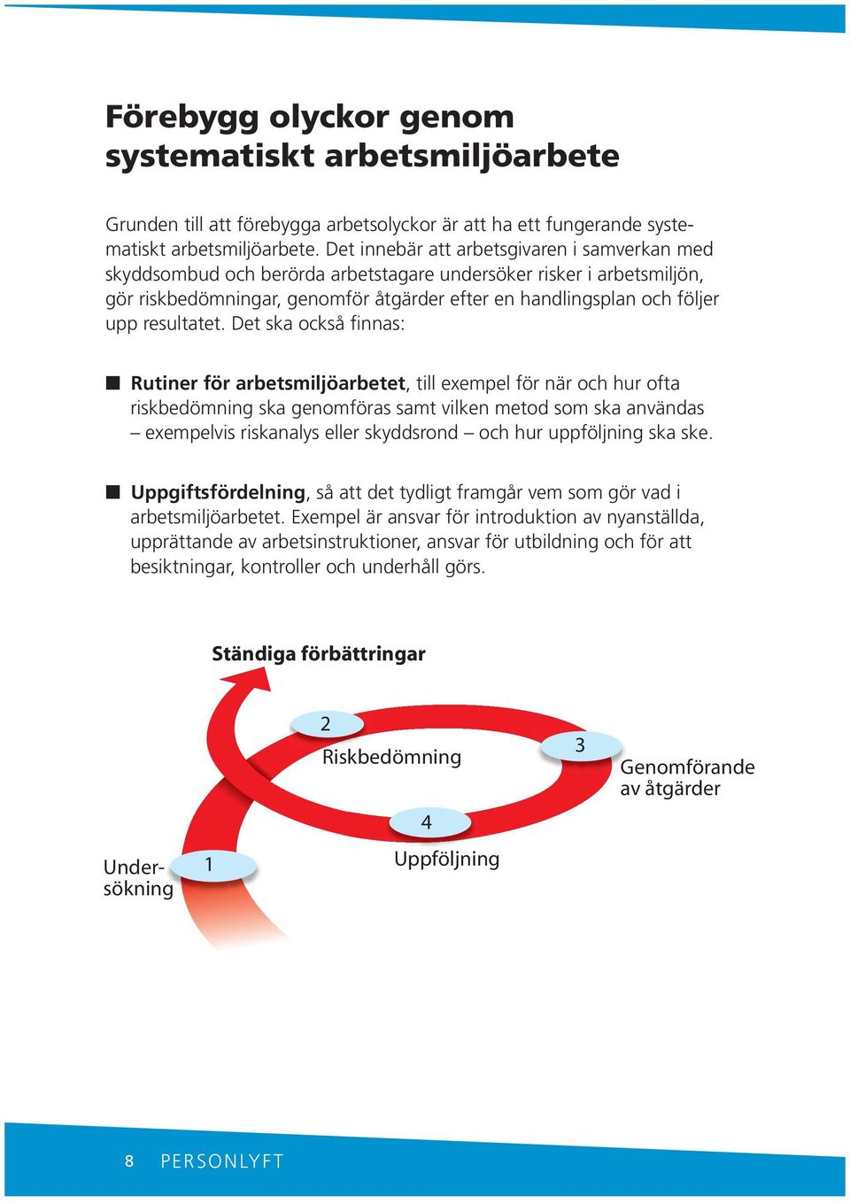 Det ska också fias: Rutier för arbetsmiljöarbetet, till exempel för är och hur ofta riskbedömig ska geomföras samt vilke metod som ska avädas exempelvis riskaalys eller skyddsrod och hur uppföljig