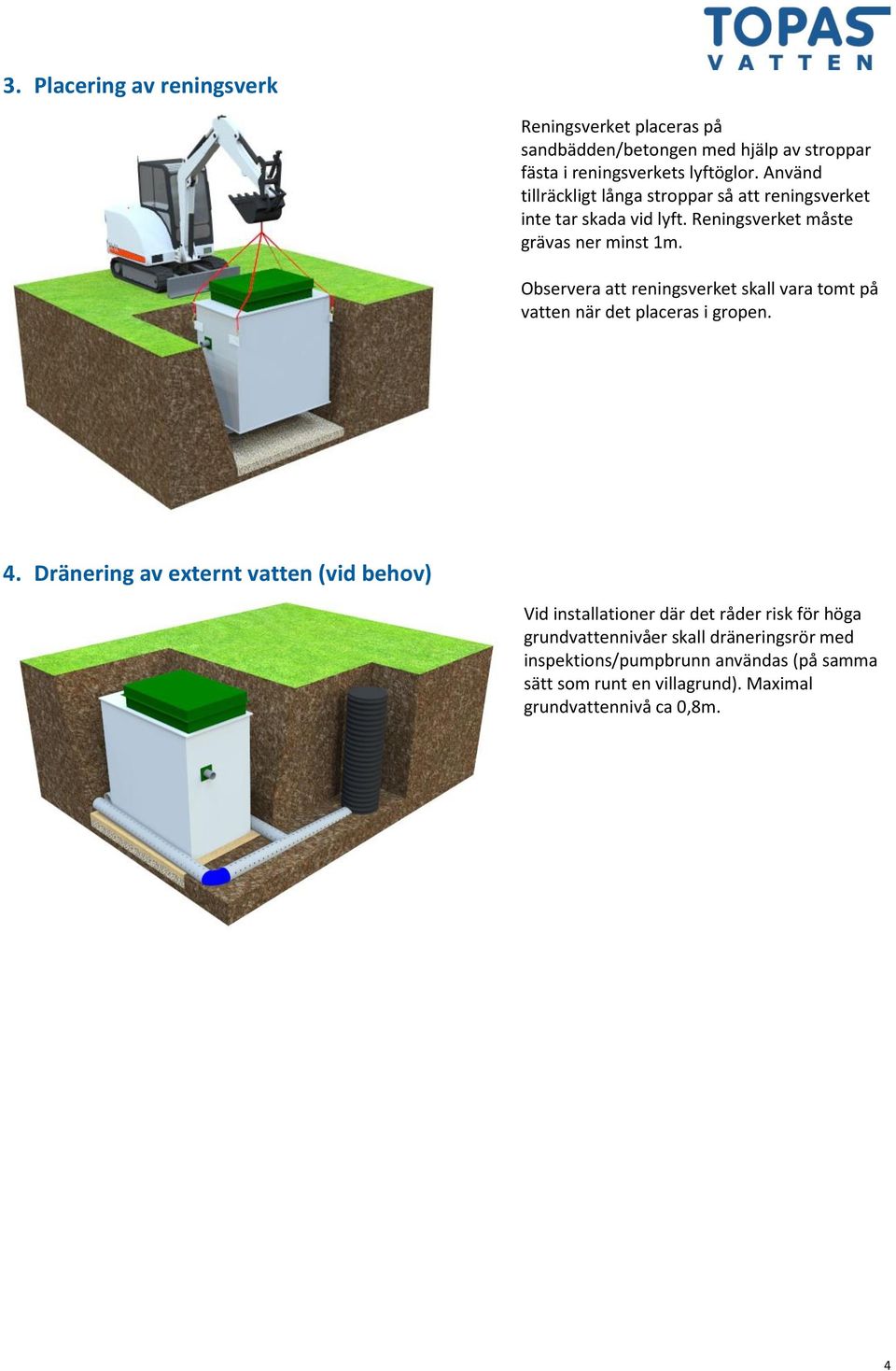 Observera att reningsverket skall vara tomt på vatten när det placeras i gropen. 4.