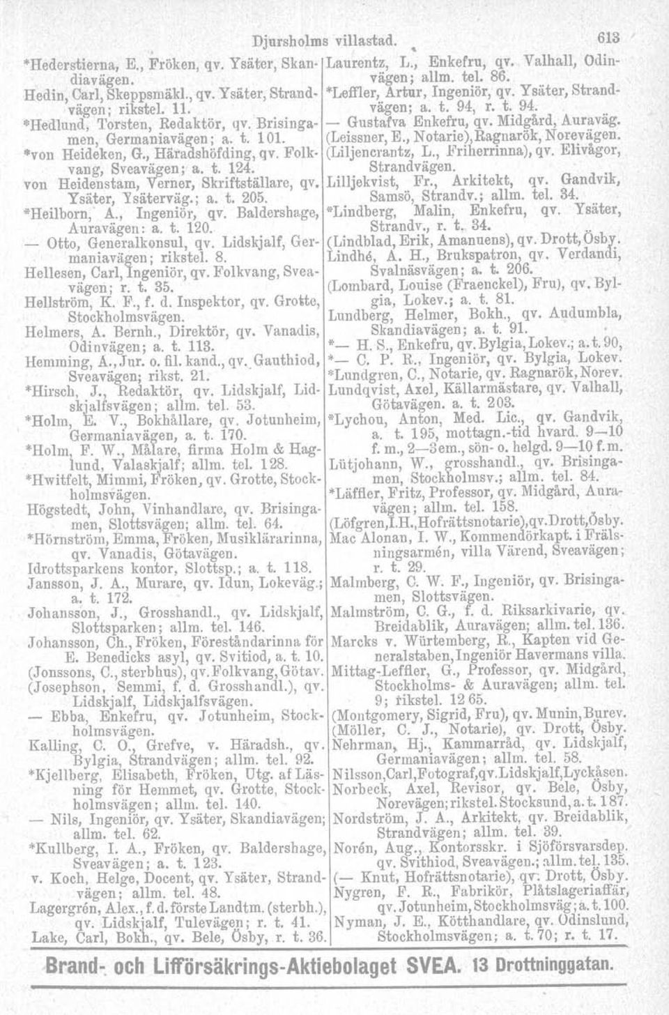 men, Germaniavägen ; a. t. 101. (Leissner, E., Notarie), Ragnarök, Norevägen. "von Heideken, G., Häradshöfding, qv. Folk- (Liljencrantz, L., Priherrinua), qv. Elivågor, vang, Sveavägen; a. t. 124.