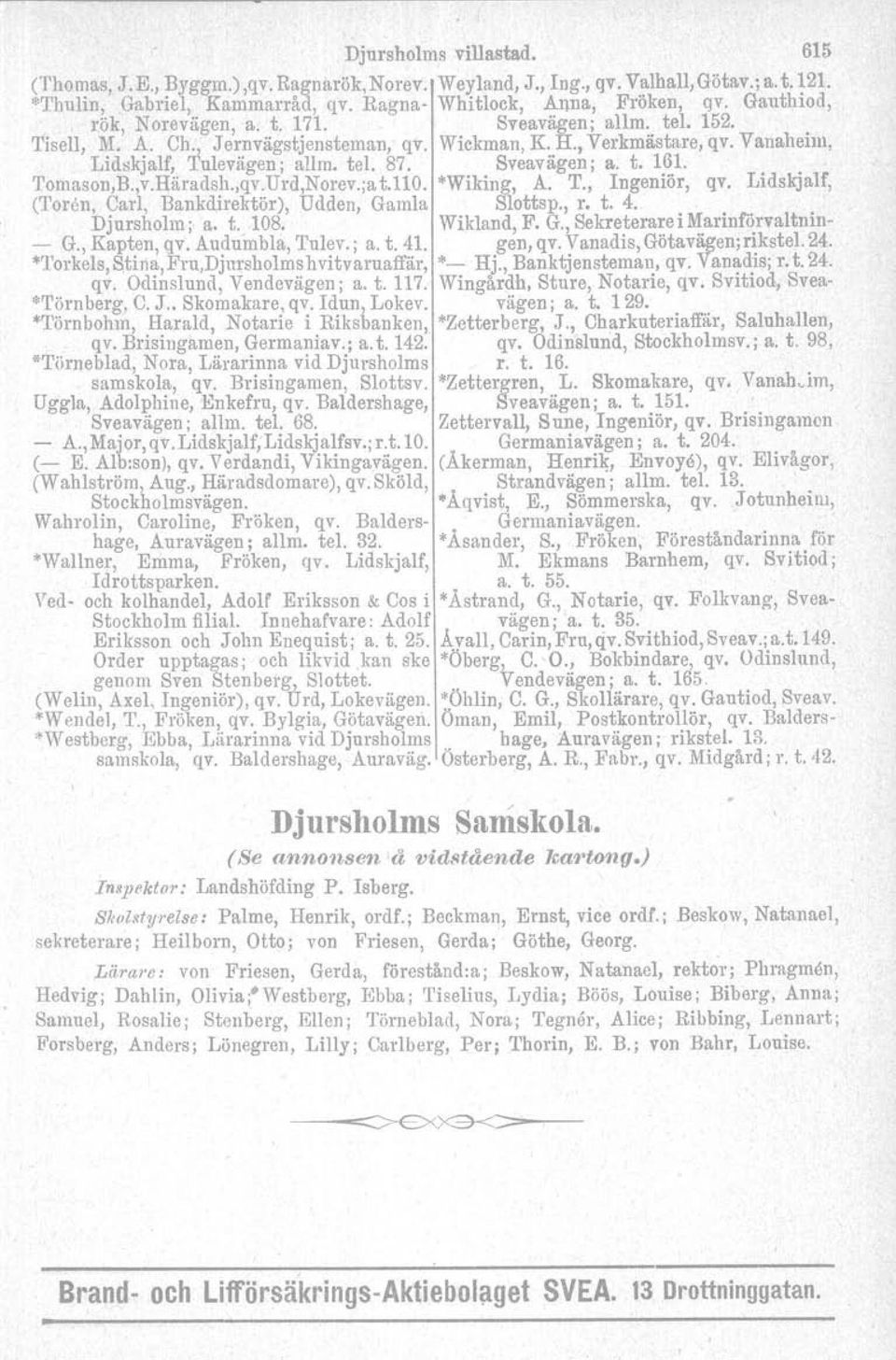 Sveavägen; a. t. 161. Tomason,B.,v.Häradsh.,qv.Urd,Norev.;a t.110. "'Wiking, A. T., Ingeniör, qv. Lidskjalf, (Tore n, Carl, Bankdirektör), Udden, Gamla Slottsp., r. t. 4. Djursholm; a. t. 108.