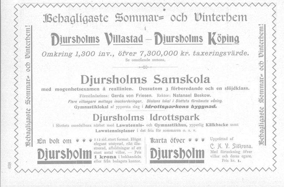 Rektor: Natanael Beskow. Flere villaegare mottaga inackorderingar. Skolans lokal i Slottets förnämsta våning. Gymnastiklokal af yppersta slag i Id,.ottspa,.kens byggnad.