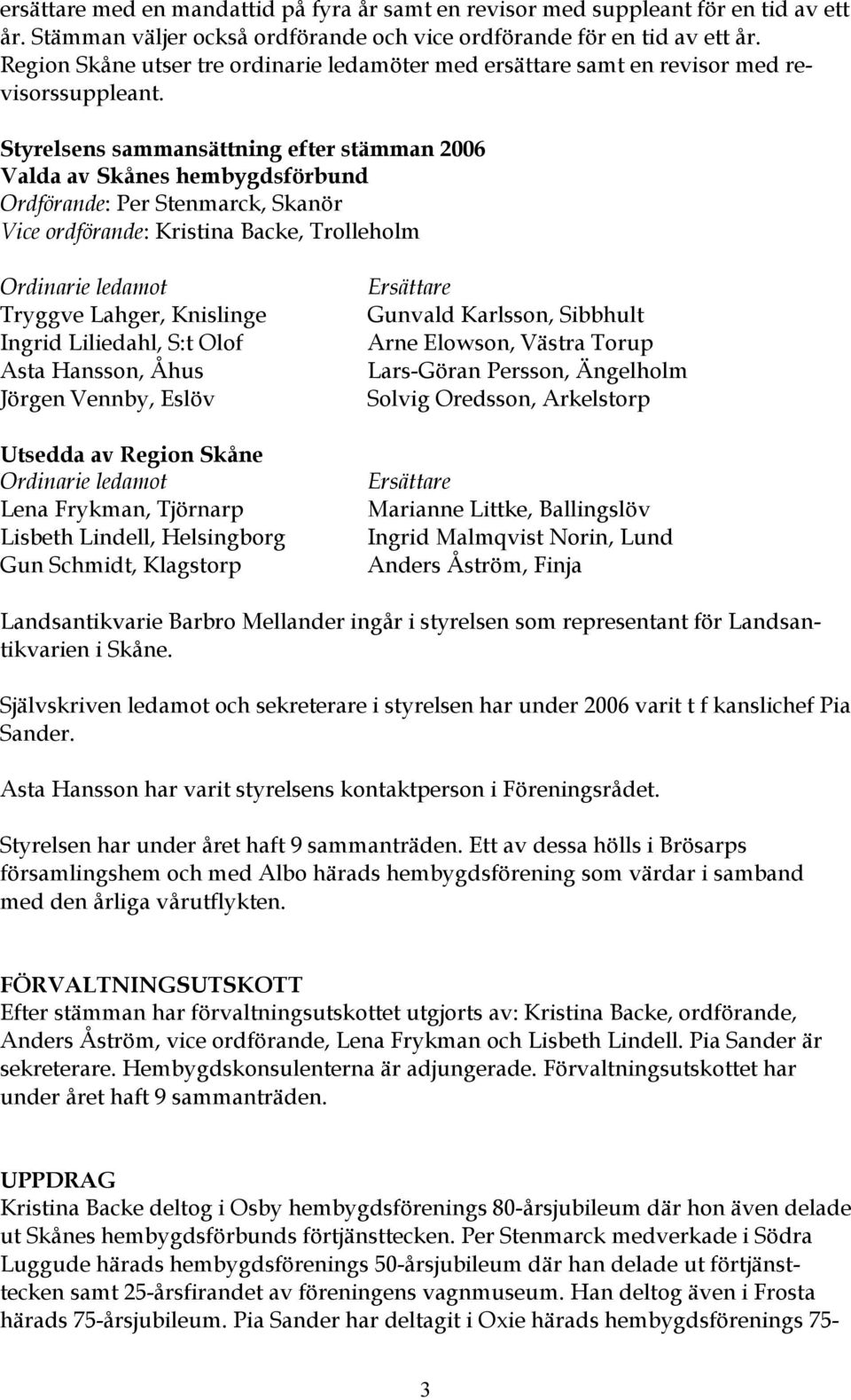 Styrelsens sammansättning efter stämman 2006 Valda av Skånes hembygdsförbund Ordförande: Per Stenmarck, Skanör Vice ordförande: Kristina Backe, Trolleholm Ordinarie ledamot Tryggve Lahger, Knislinge