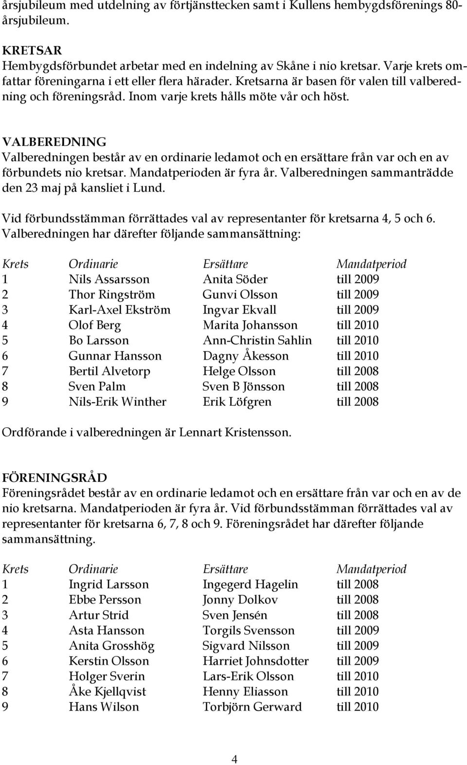 VALBEREDNING Valberedningen består av en ordinarie ledamot och en ersättare från var och en av förbundets nio kretsar. Mandatperioden är fyra år.