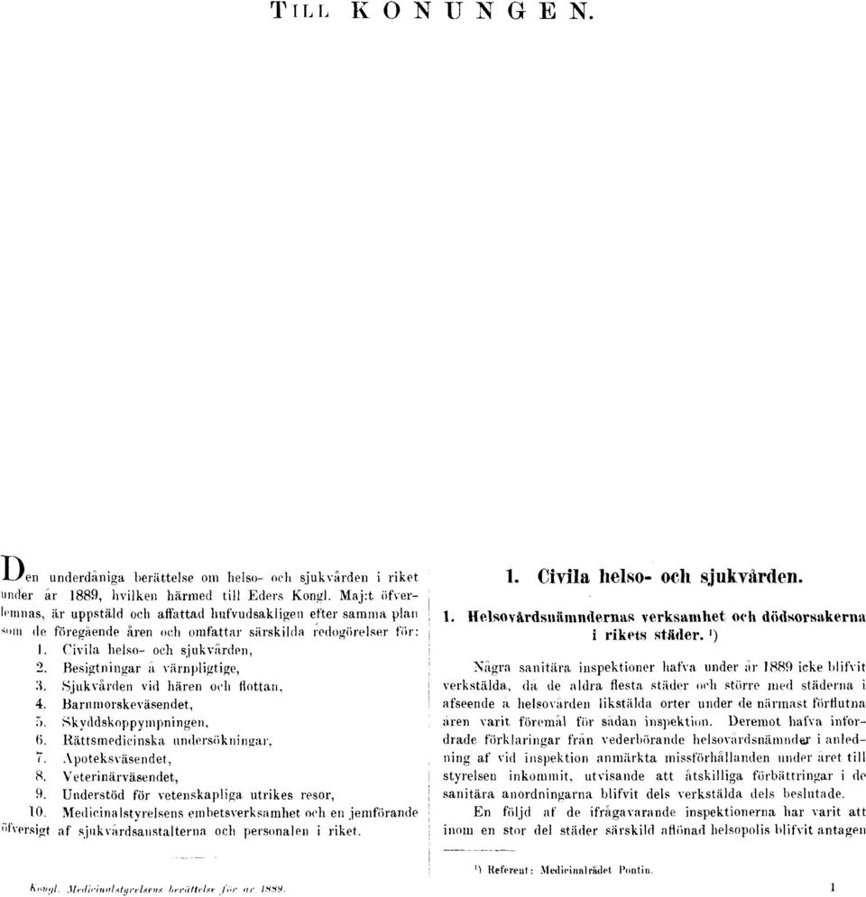 Besigtningar å värnpligtige, 3. Sjukvården vid hären och flottan, 4. Barnmorskeväsendet, 5. Skyddskoppympningen, 6. Rättsmedicinska undersökningar, 7. Apoteksväsendet, 8. Veterinärväsendet, 9.