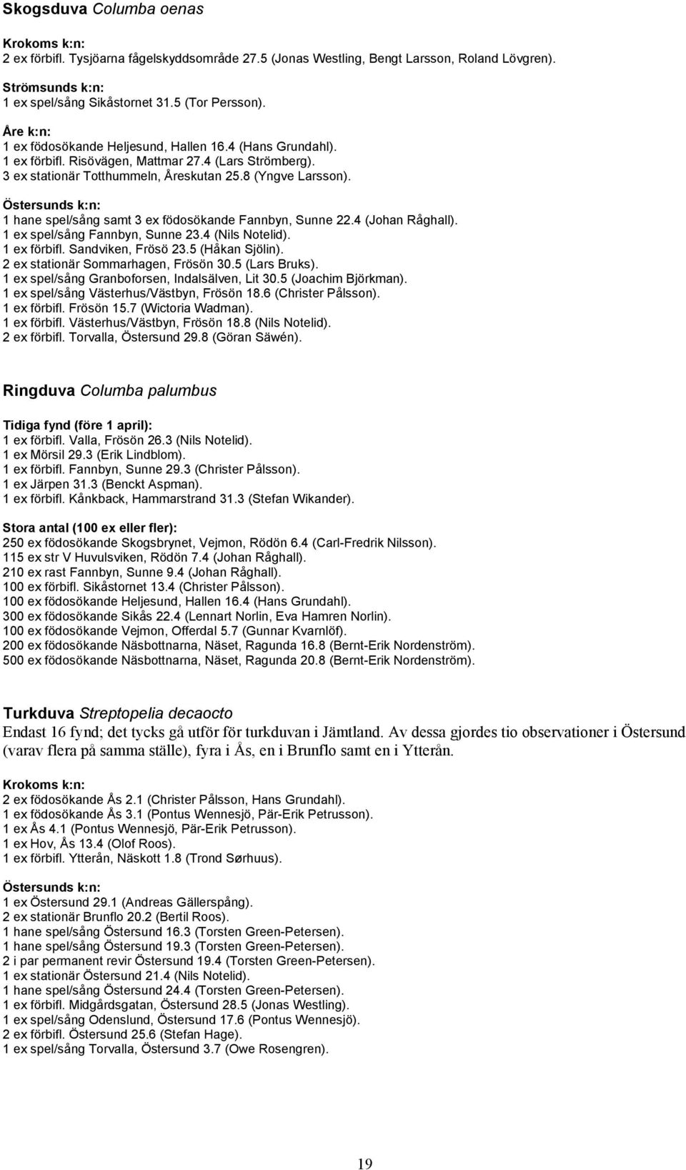 Östersunds k:n: 1 hane spel/sång samt 3 ex födosökande Fannbyn, Sunne 22.4 (Johan Råghall). 1 ex spel/sång Fannbyn, Sunne 23.4 (Nils Notelid). 1 ex förbifl. Sandviken, Frösö 23.5 (Håkan Sjölin).