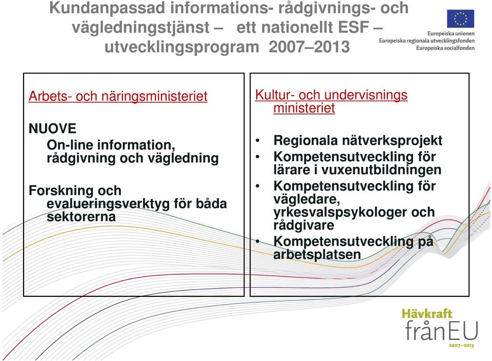 för båda sektorerna Kultur- och undervisnings ministeriet Regionala nätverksprojekt Kompetensutveckling för lärare i