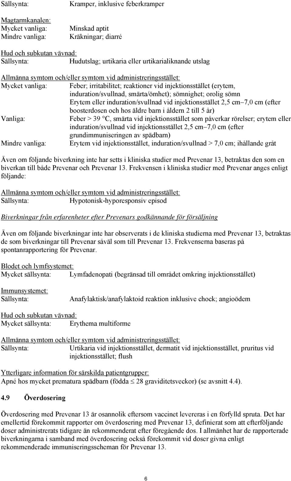 smärta/ömhet); sömnighet; orolig sömn Erytem eller induration/svullnad vid injektionsstället 2,5 cm 7,0 cm (efter boosterdosen och hos äldre barn i åldern 2 till 5 år) Vanliga: Feber > 39 C, smärta