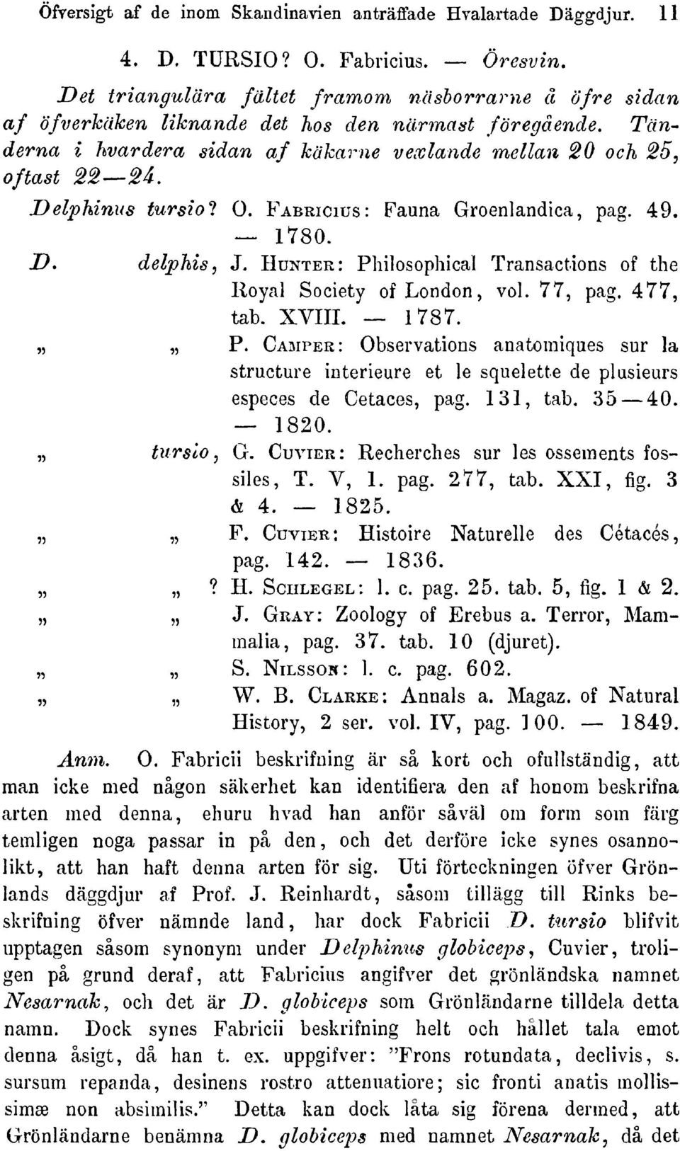 Delphinus tursiot 0. Fabricius: Fauna Groenlandica pag. 49. 1780. D. delphis J. Hünter: Ph