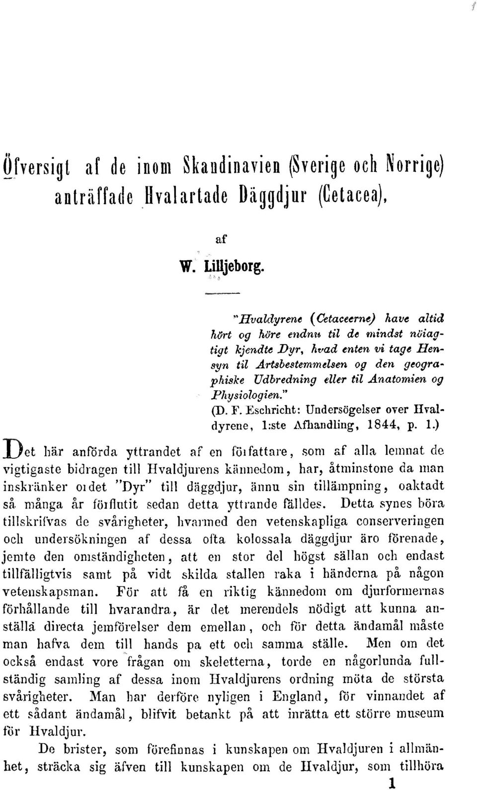 Physiologien." (D. F. Eschricht: Undersögelserover Hvaldyrene l:ste Afhandling 18