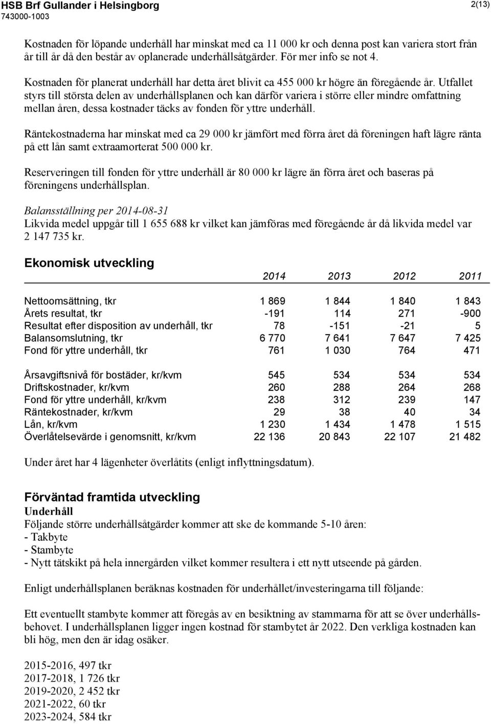 Utfallet styrs till största delen av underhållsplanen och kan därför variera i större eller mindre omfattning mellan åren, dessa kostnader täcks av fonden för yttre underhåll.