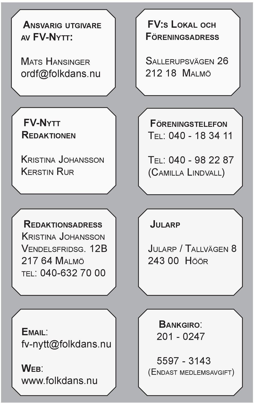 Föreningstelefon Tel: 040-18 34 11 Tel: 040-98 22 87 (Camilla Lindvall) Redaktionsadress Kristina Johansson