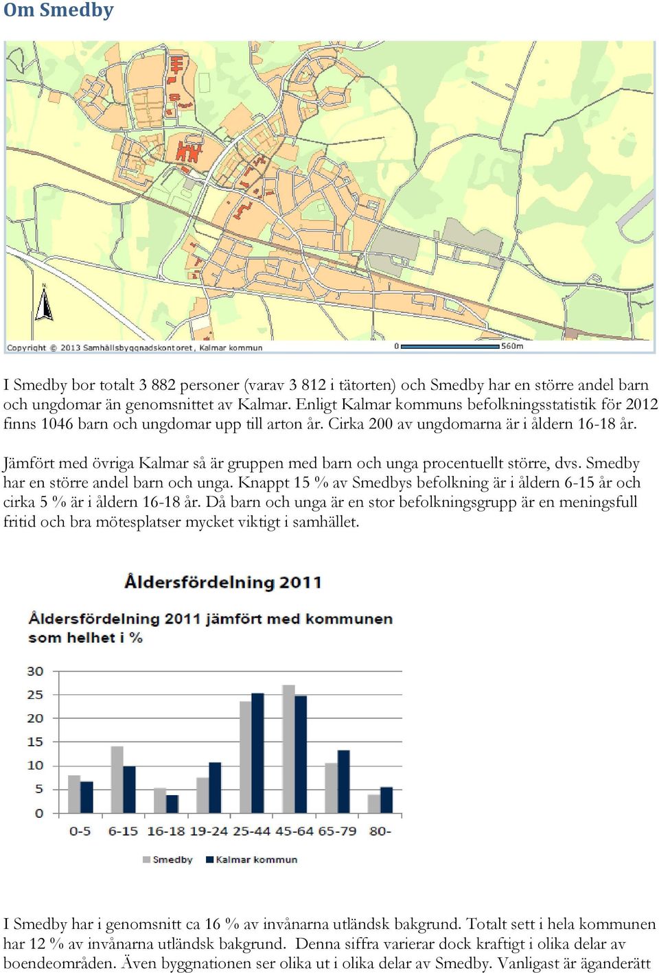 Jämfört med övriga Kalmar så är gruppen med barn och unga procentuellt större, dvs. Smedby har en större andel barn och unga.