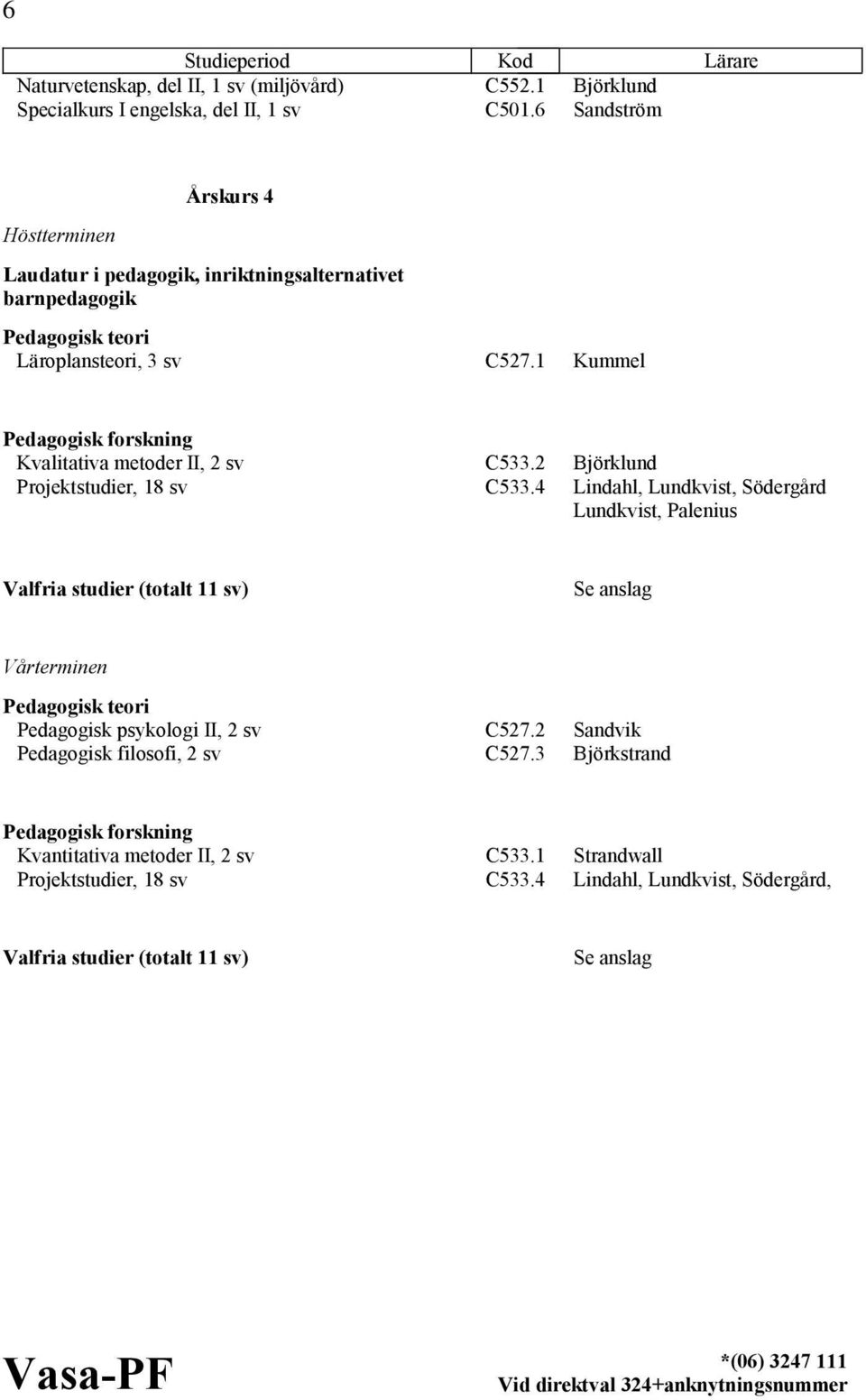 1 Kummel Pedagogisk forskning Kvalitativa metoder II, 2 sv C533.2 Björklund Projektstudier, 18 sv C533.