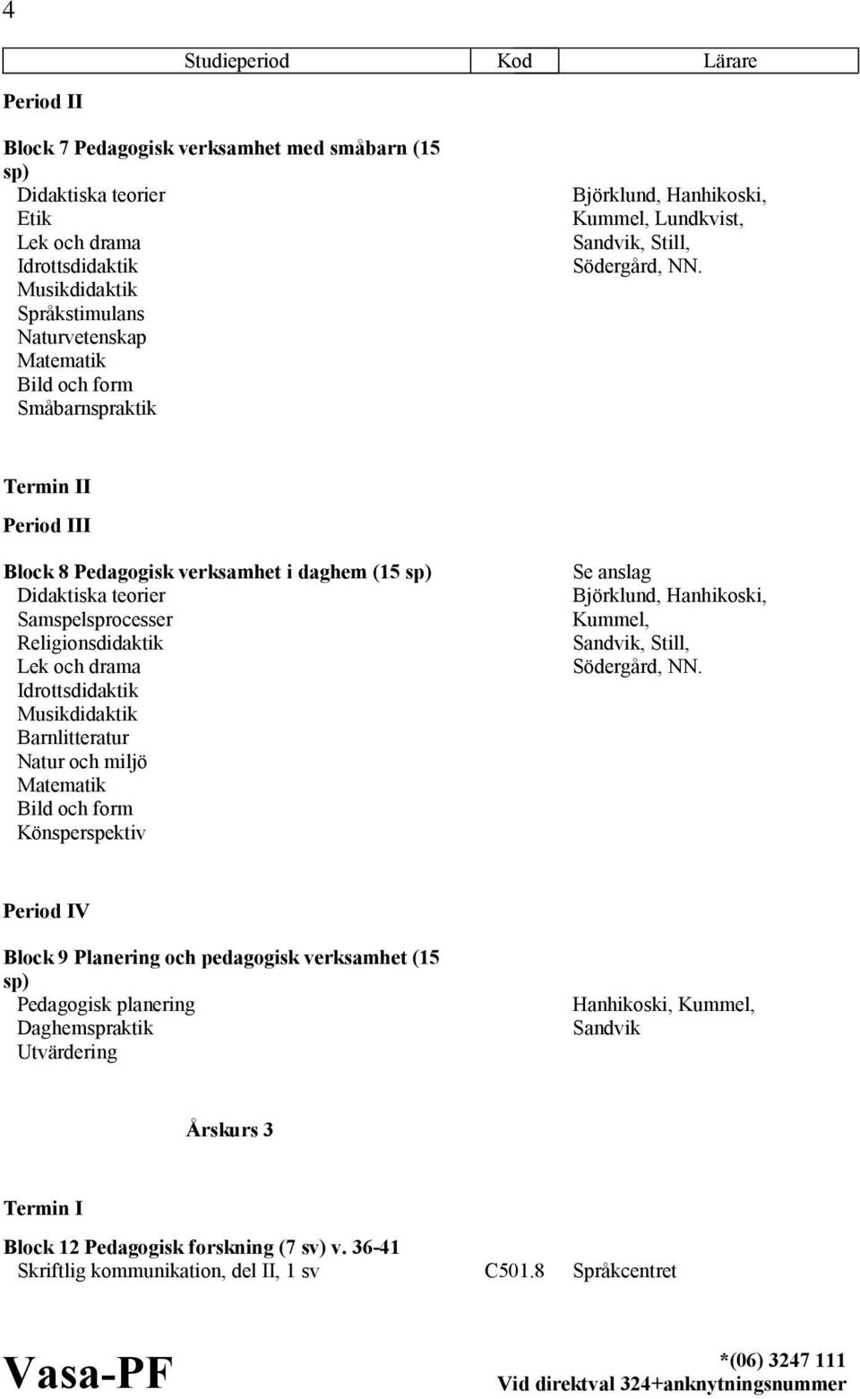 Termin II Period III Block 8 Pedagogisk verksamhet i daghem (15 sp) Didaktiska teorier Samspelsprocesser Religionsdidaktik Lek och drama Idrottsdidaktik Musikdidaktik Barnlitteratur Natur och miljö