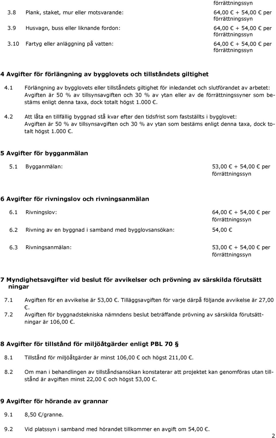 1 Förlängning av bygglovets eller tillståndets giltighet för inledandet och slutförandet av arbetet: Avgiften är 50 % av tillsynsavgiften och 30 % av ytan eller av de er som bestäms enligt denna